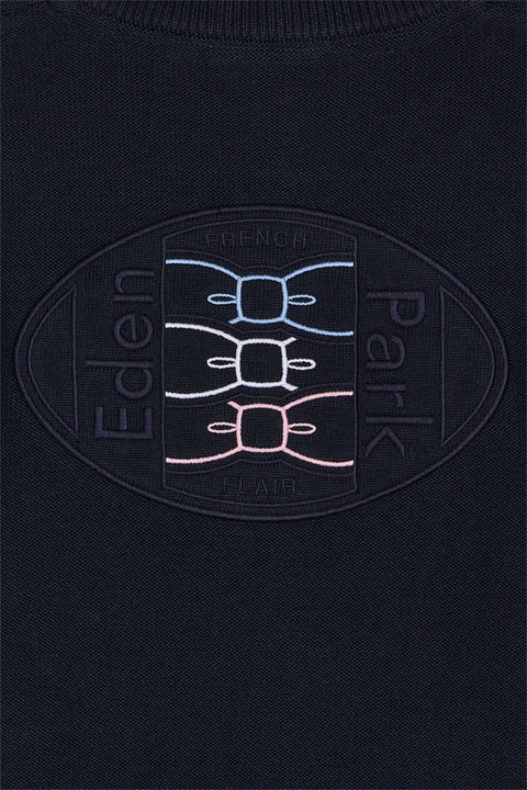 Zipped cardigan in navy cotton with three-tone embroidery - Image 3