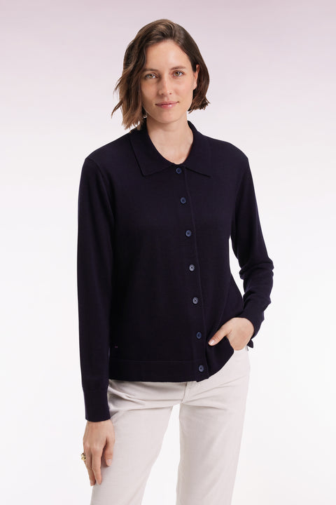 Cardigan with classic collar in straight-cut navy merino wool - Image 3