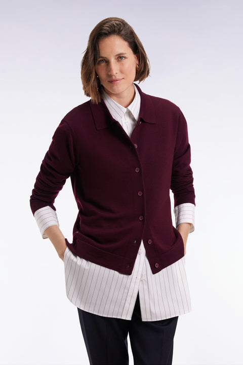 Cardigan with classic burgundy merino wool collar, straight cut - Image 1