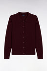 Cardigan with classic burgundy merino wool collar, straight cut