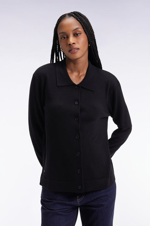 Cardigan with classic collar in black straight-cut merino wool - Image 3