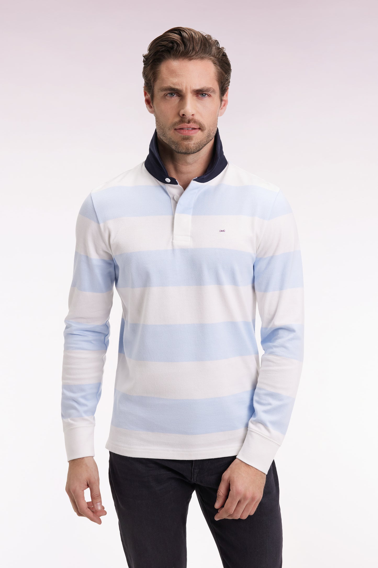 Long-sleeved jersey with sky and ecru rugby stripes