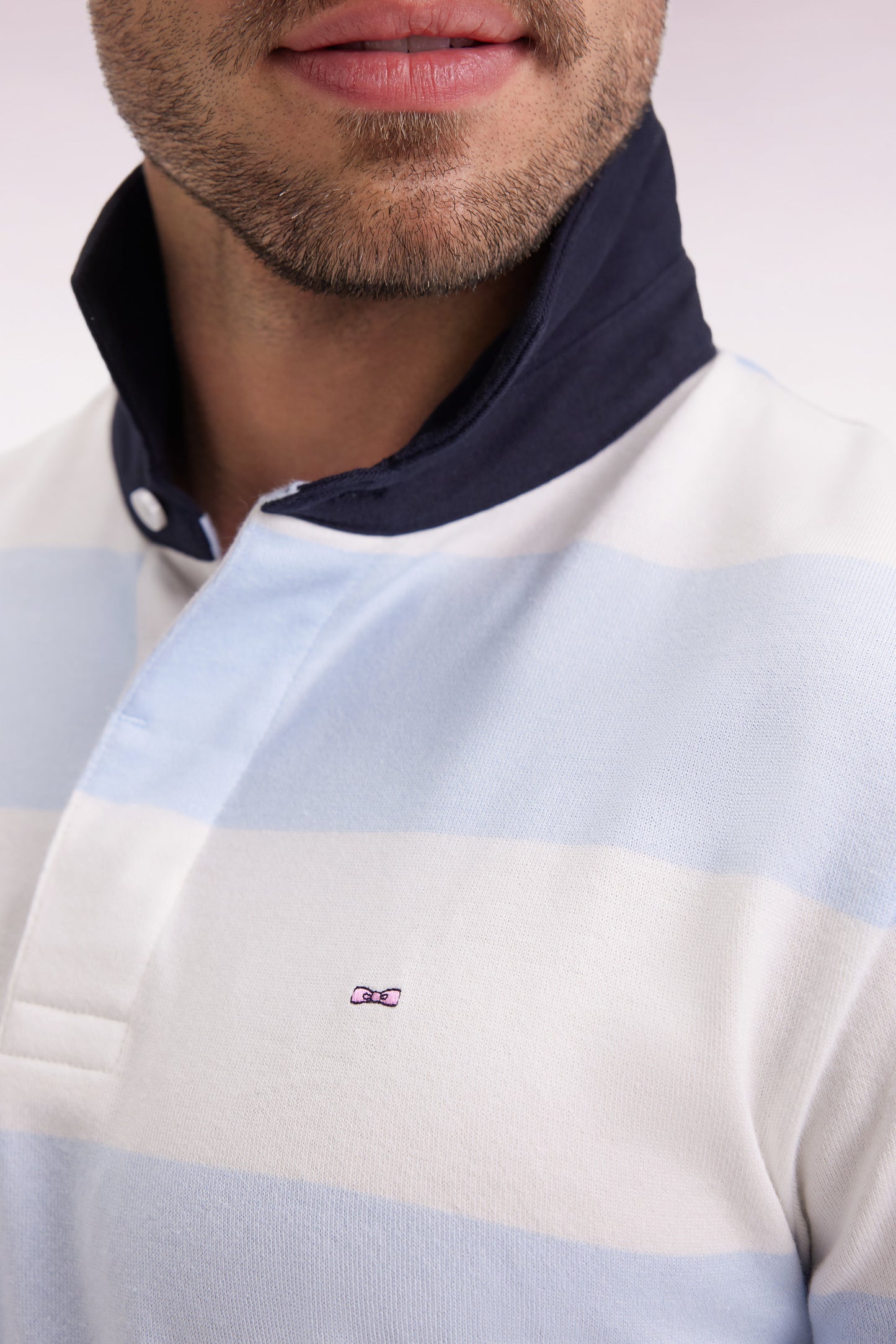 Long-sleeved jersey with sky and ecru rugby stripes