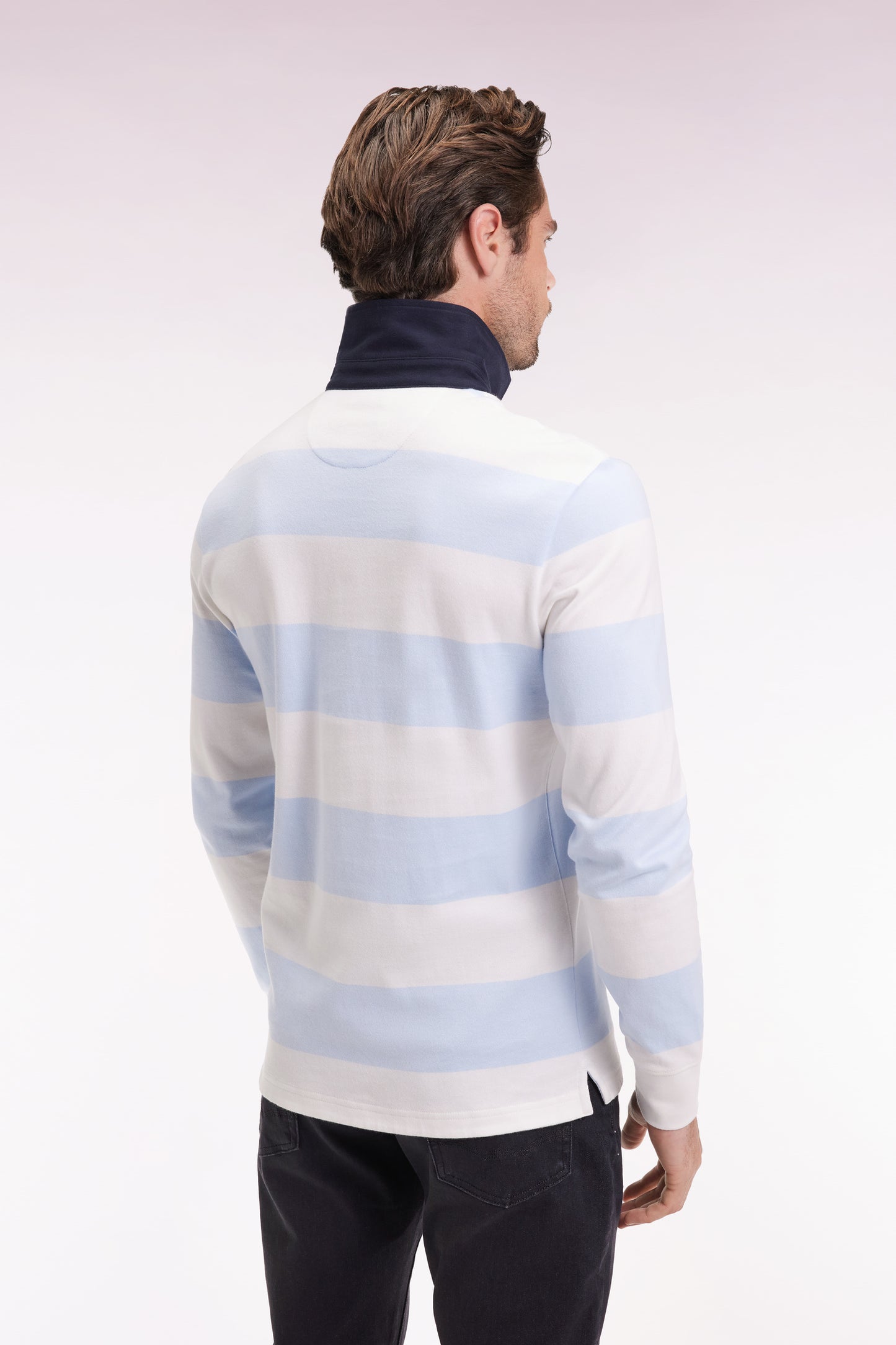 Long-sleeved jersey with sky and ecru rugby stripes