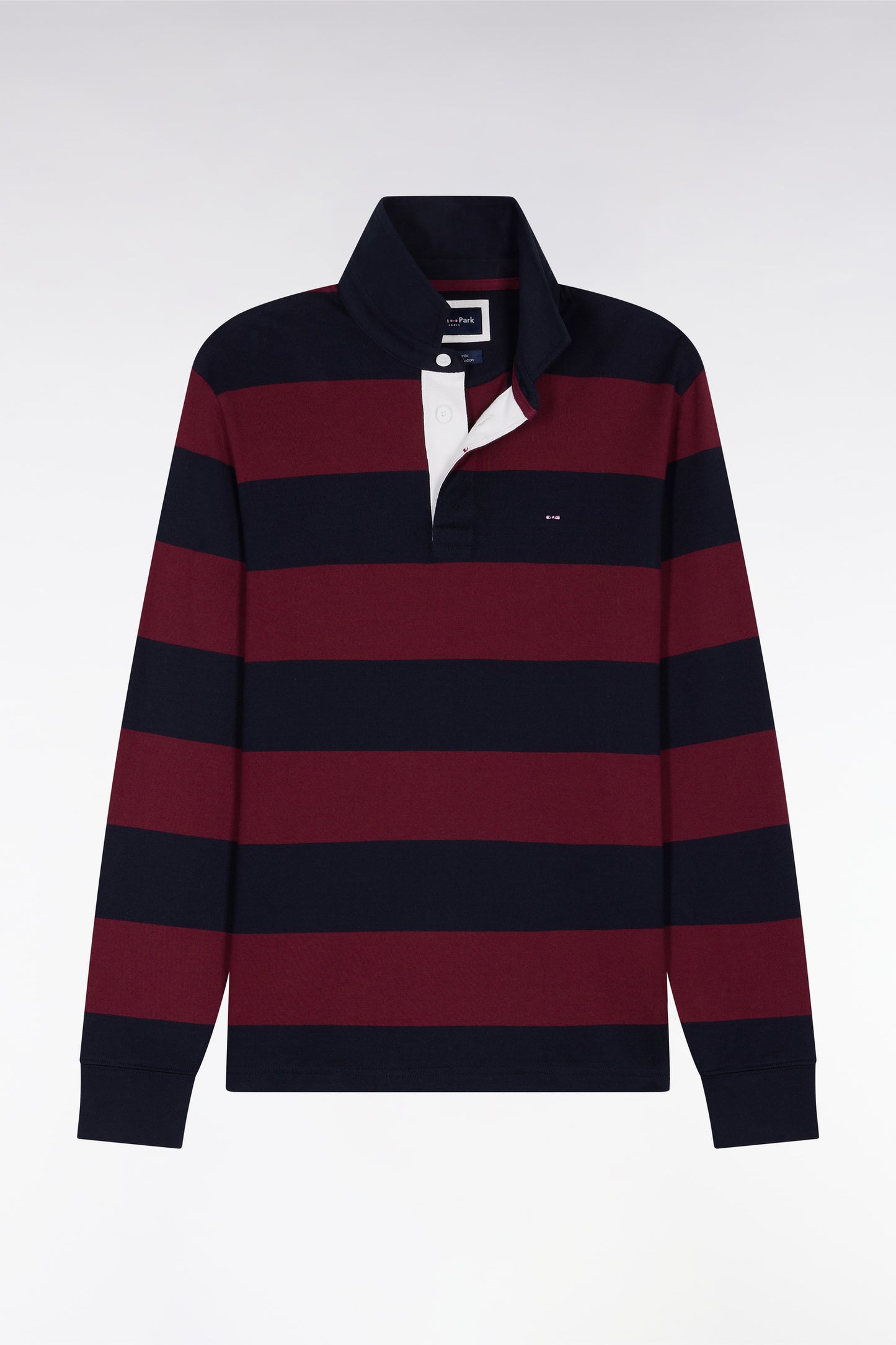 Long-sleeved jersey with burgundy and black rugby stripes