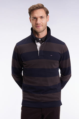 Long-sleeved jersey with brown and navy rugby stripes