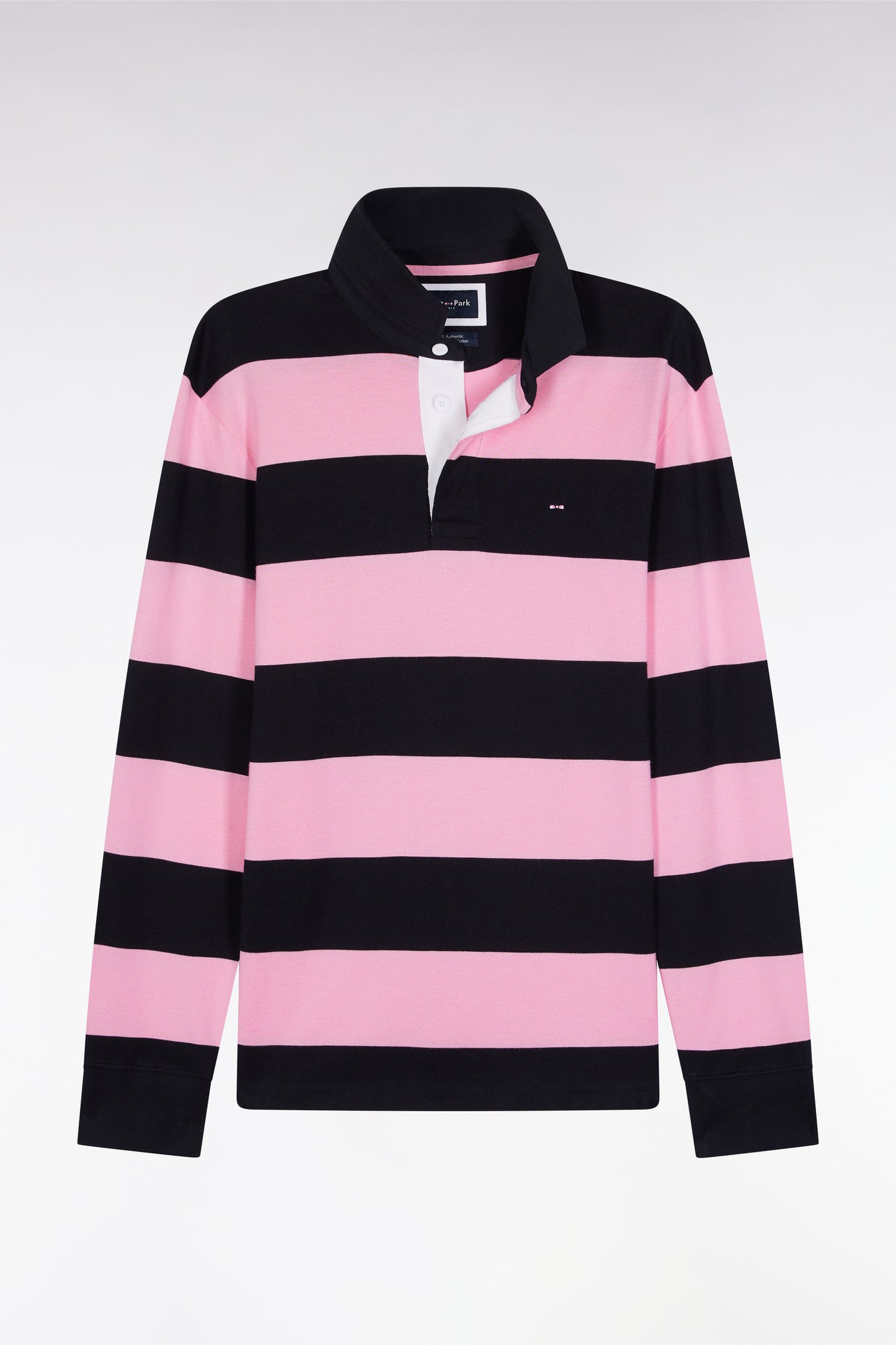 Long-sleeved jersey with pink and navy rugby stripes