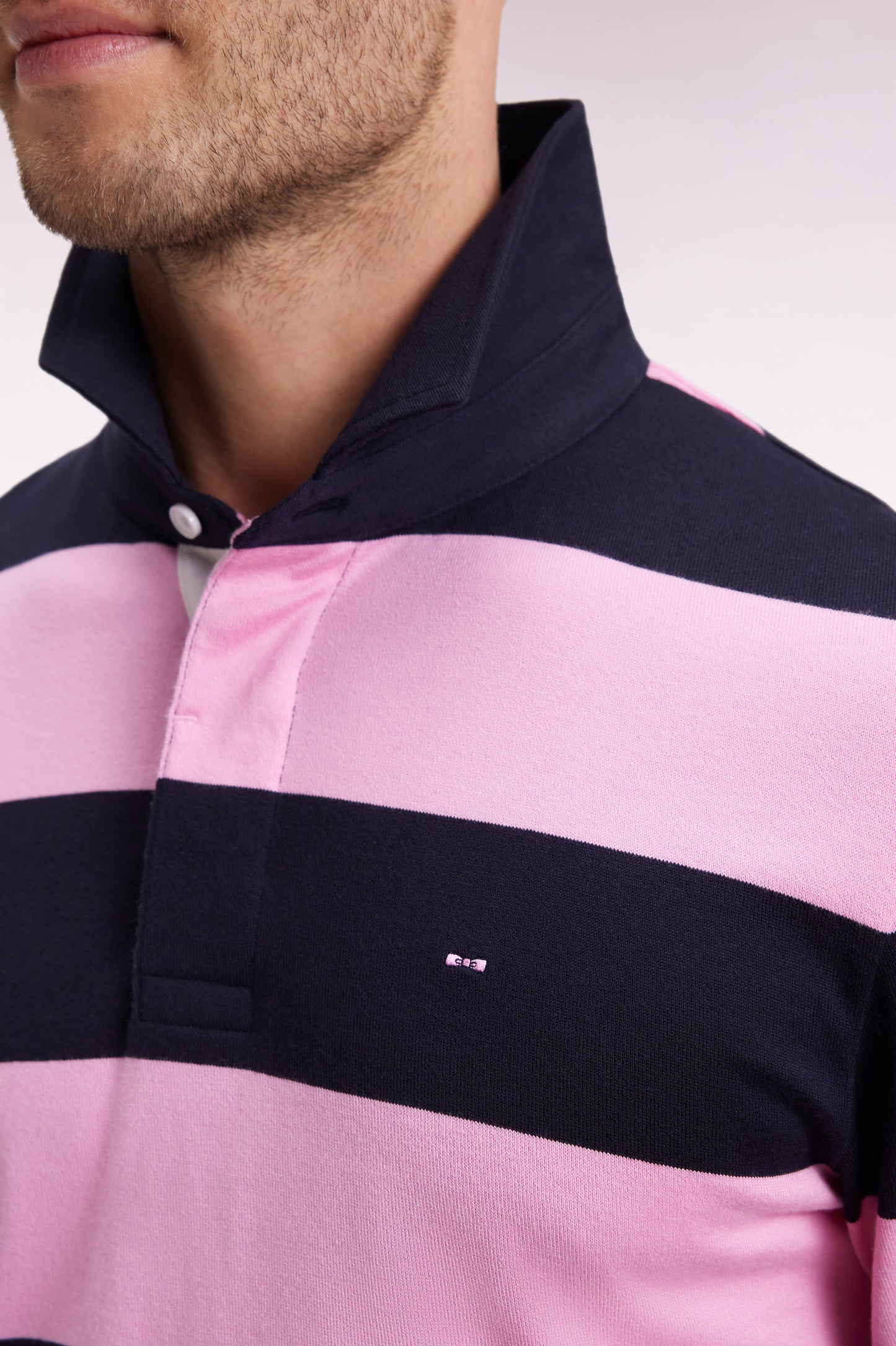 Long-sleeved jersey with pink and navy rugby stripes