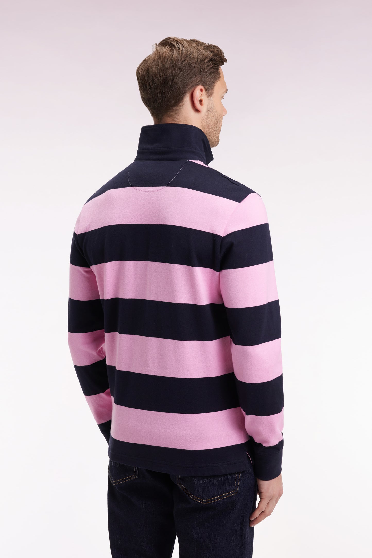 Long-sleeved jersey with pink and navy rugby stripes