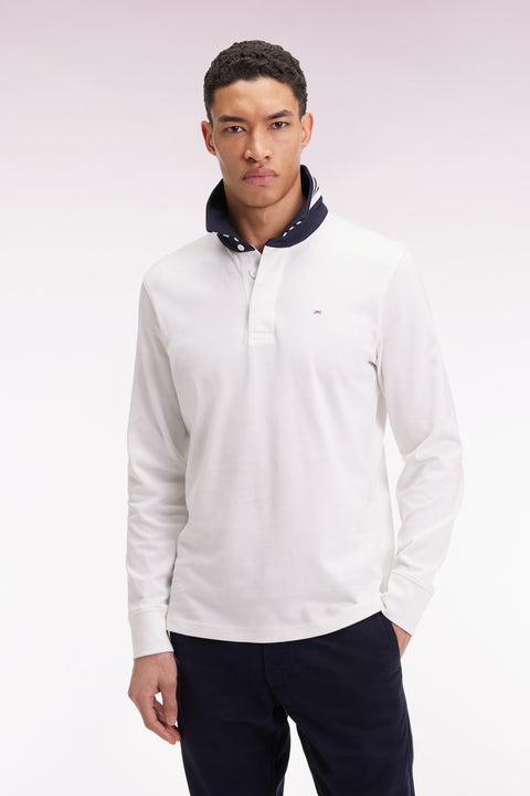 Long-sleeved white jersey jersey with striped under collar - Image 3