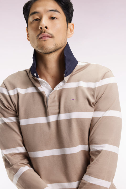 Long-sleeved jersey in beige cotton jersey with white stripes - Image 1