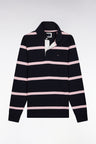 Long-sleeved jersey in navy cotton jersey with pink stripes
