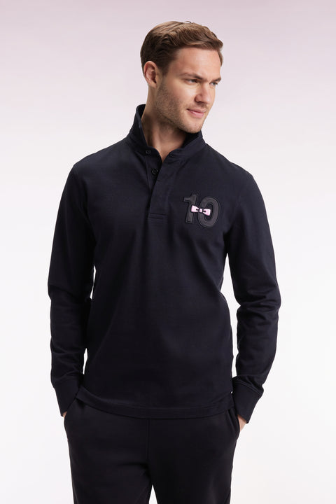 Long-sleeved jersey in thick black embroidered cotton jersey, straight cut - Image 3