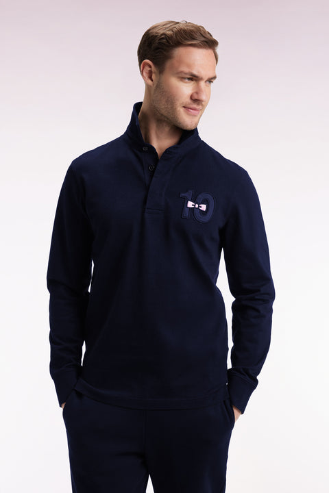 Long-sleeved jersey in thick navy cotton jersey with embroidered straight cut - Image 3