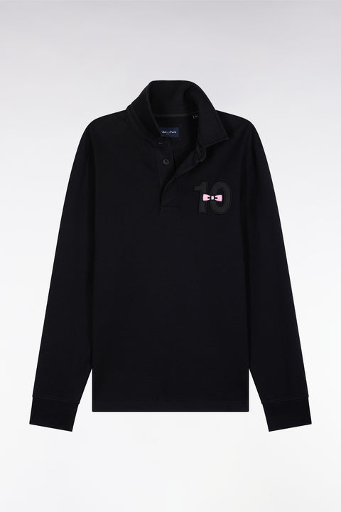 Long-sleeved jersey in thick black embroidered cotton jersey, straight cut - Image 2