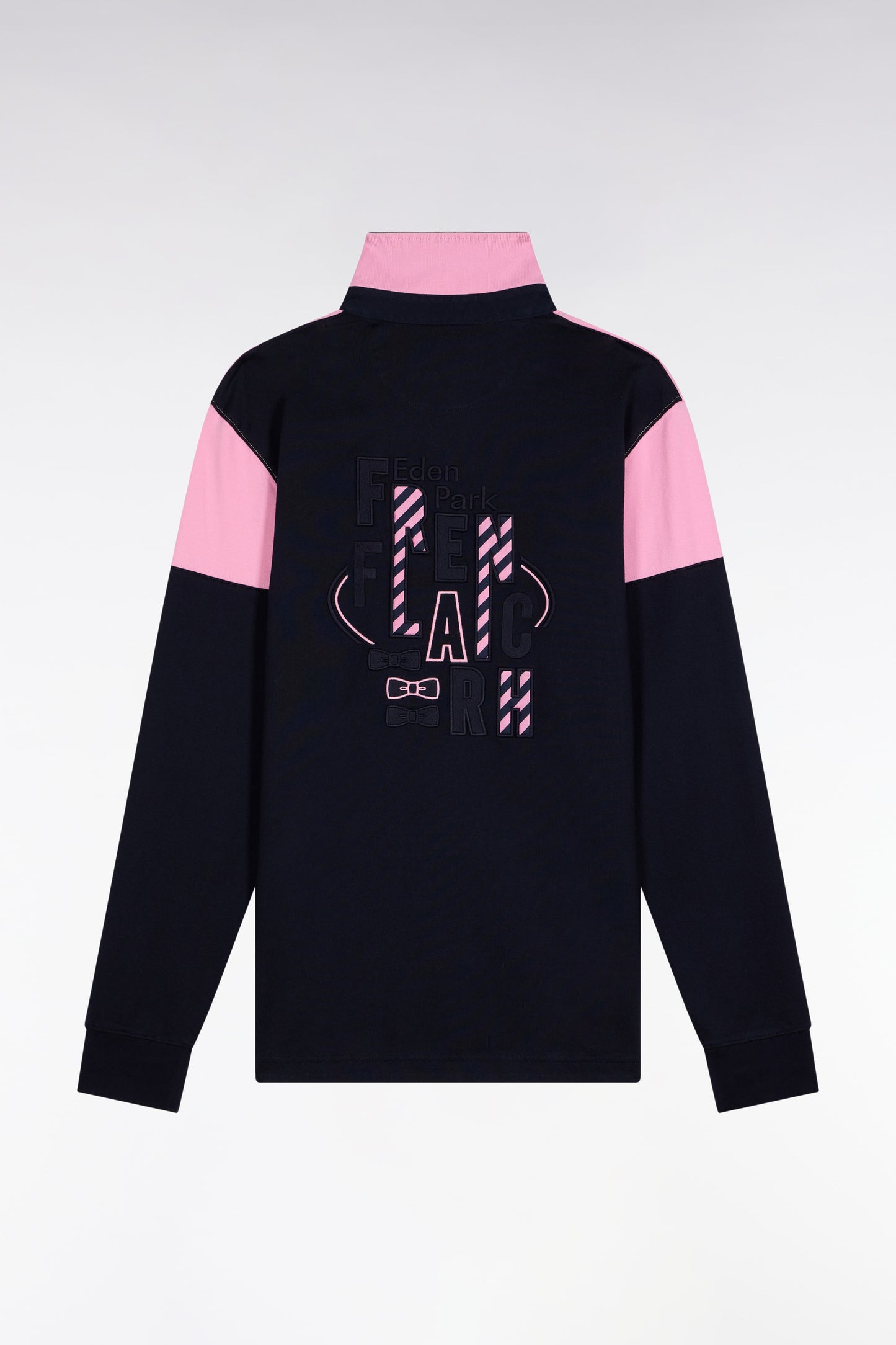 Long-sleeved jersey in two-tone navy and pink, straight cut