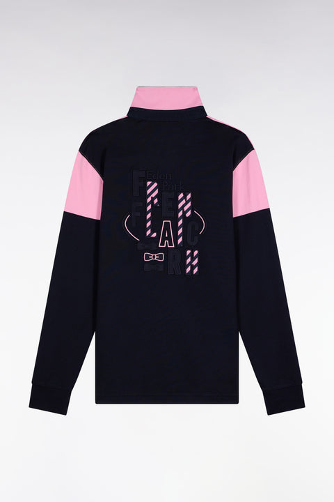 Long-sleeved jersey in two-tone navy and pink, straight cut - Image 2