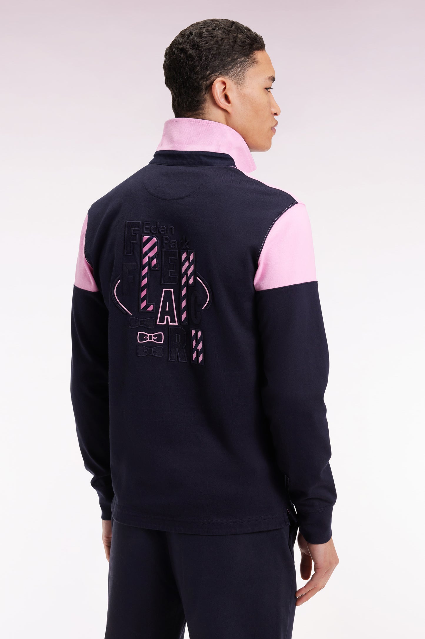 Long-sleeved jersey in two-tone navy and pink, straight cut