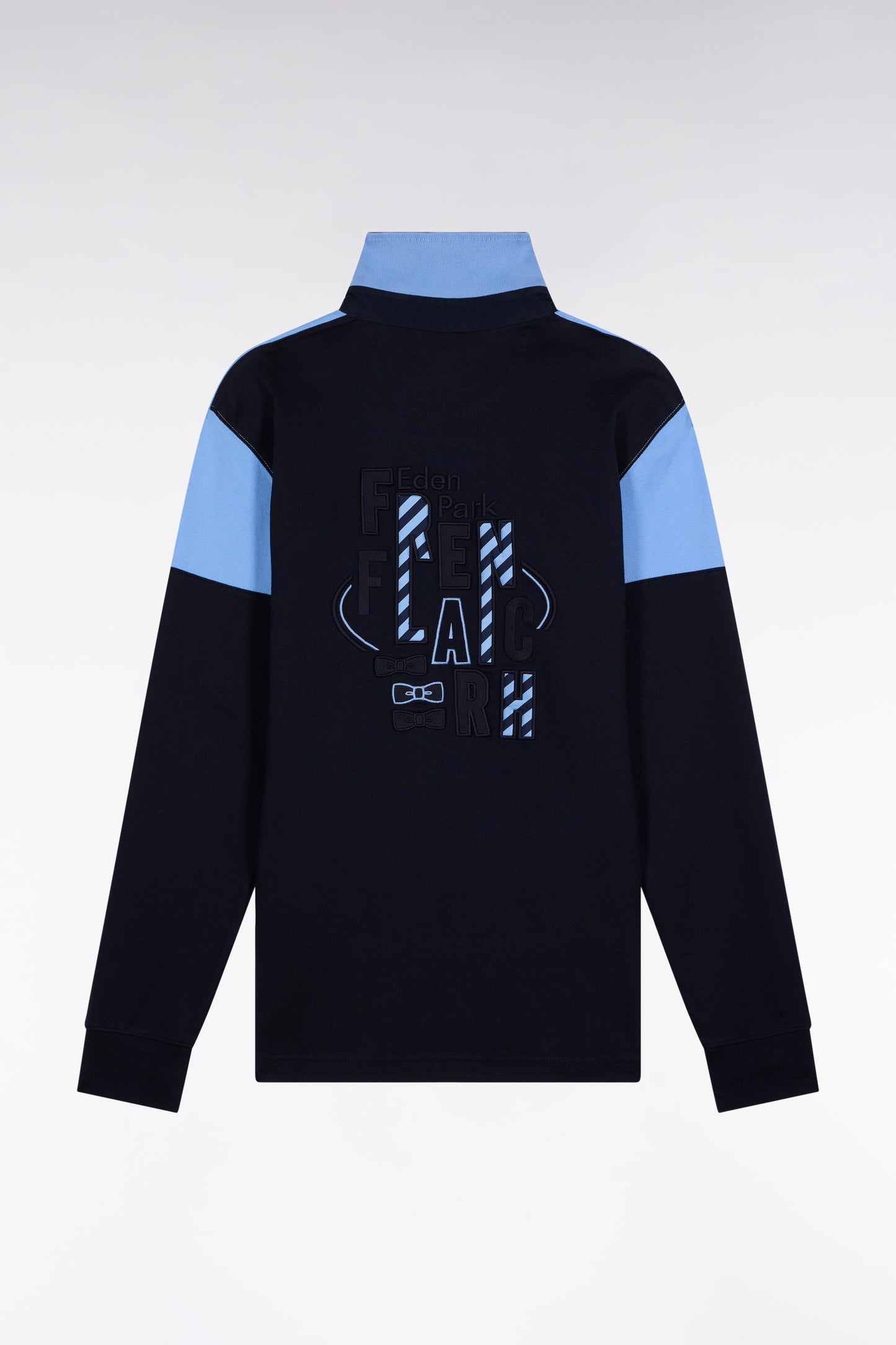 Long-sleeved jersey in two-tone navy and sky jersey, straight cut