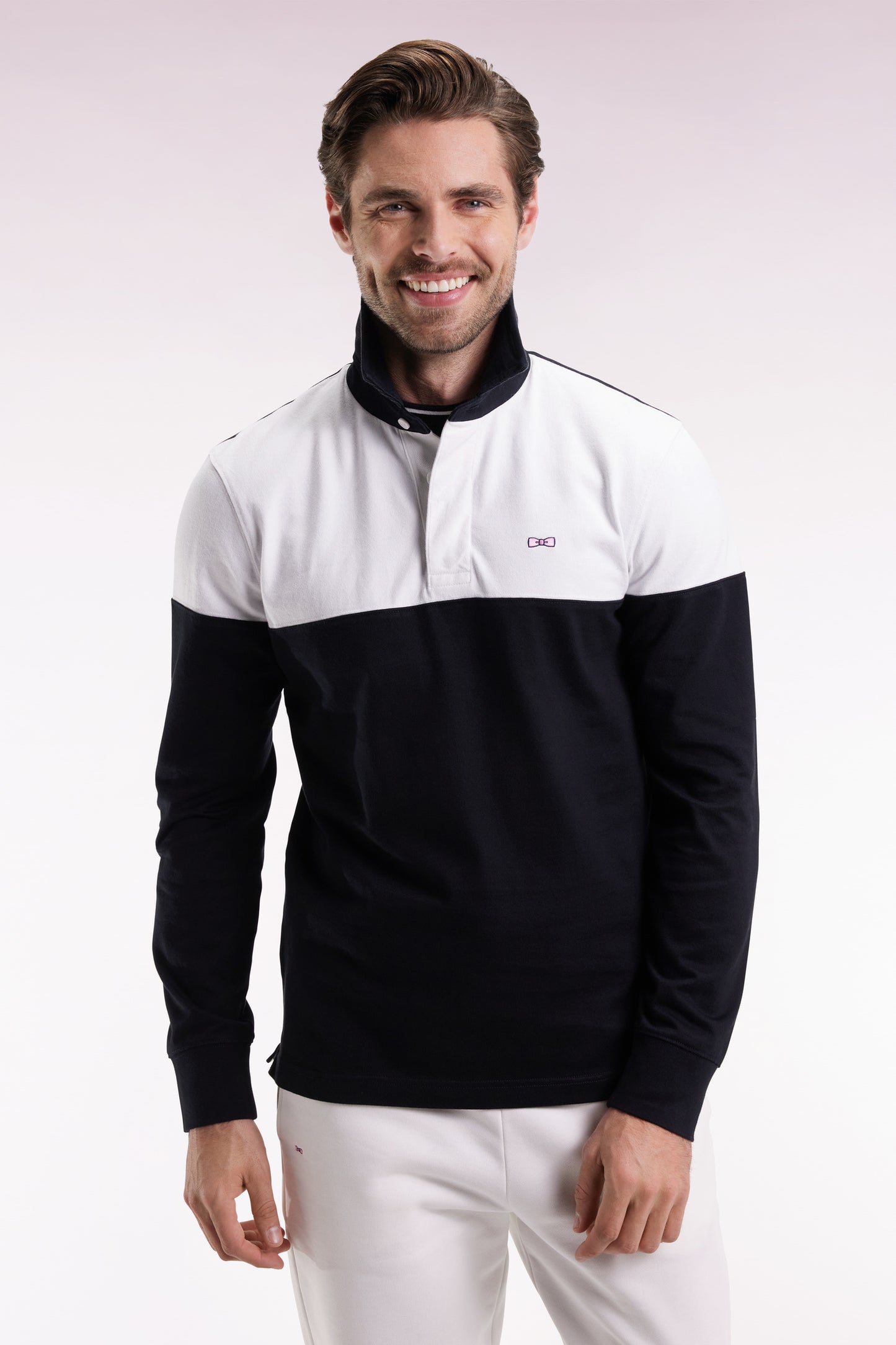 Long-sleeved jersey in two-tone black and white straight cut