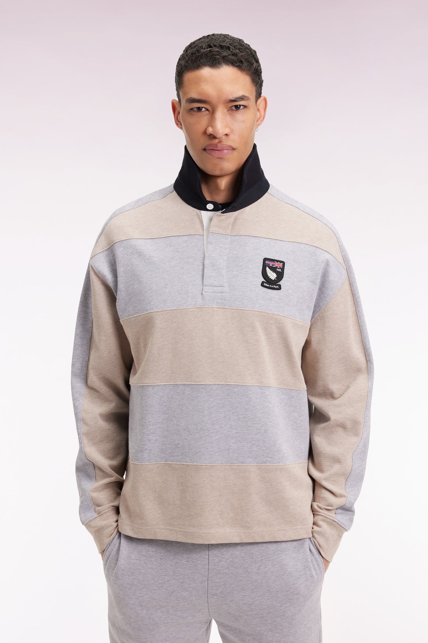 Long-sleeved striped New Zealand jersey in thick beige cotton jersey