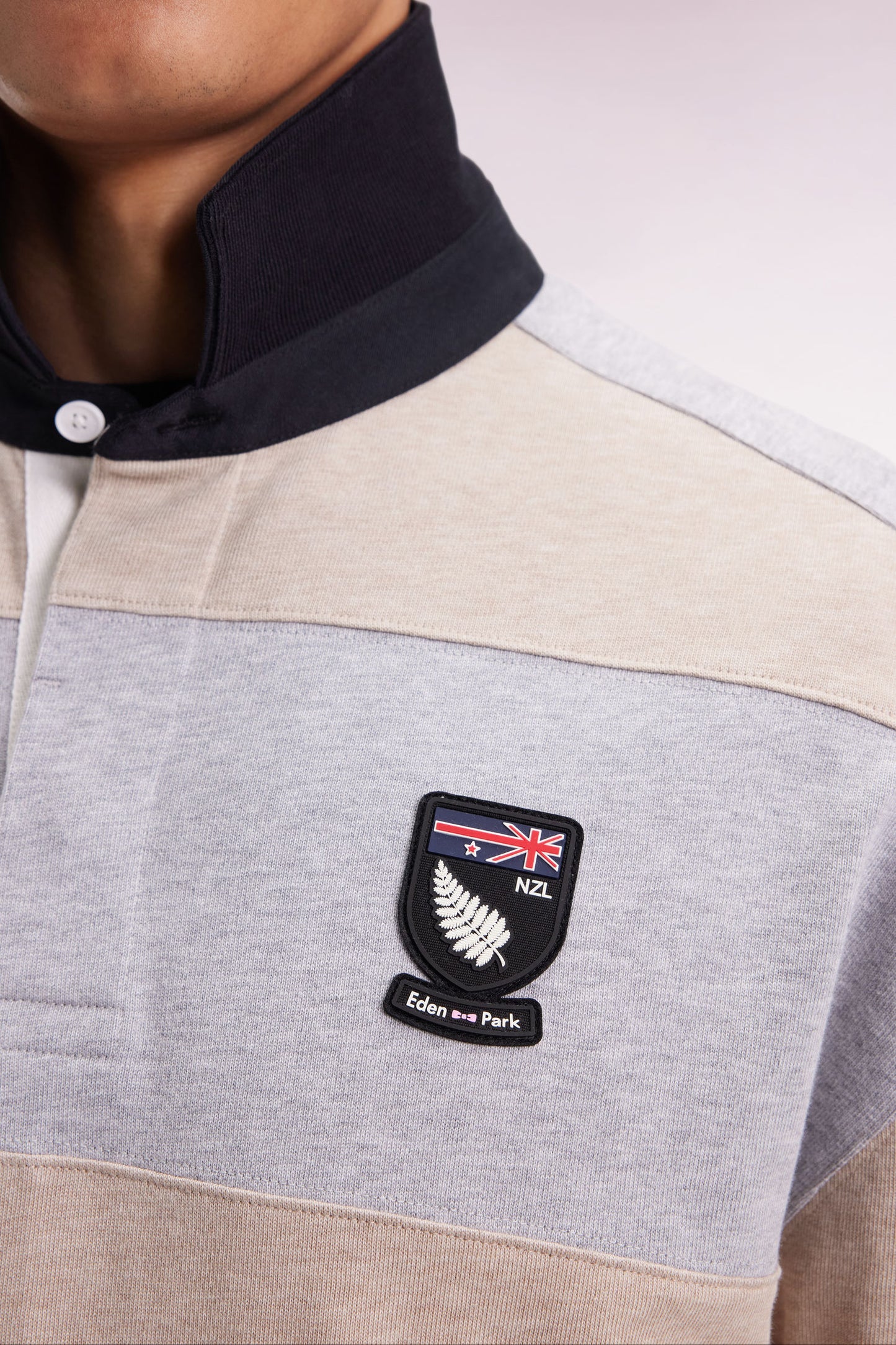 Long-sleeved striped New Zealand jersey in thick beige cotton jersey