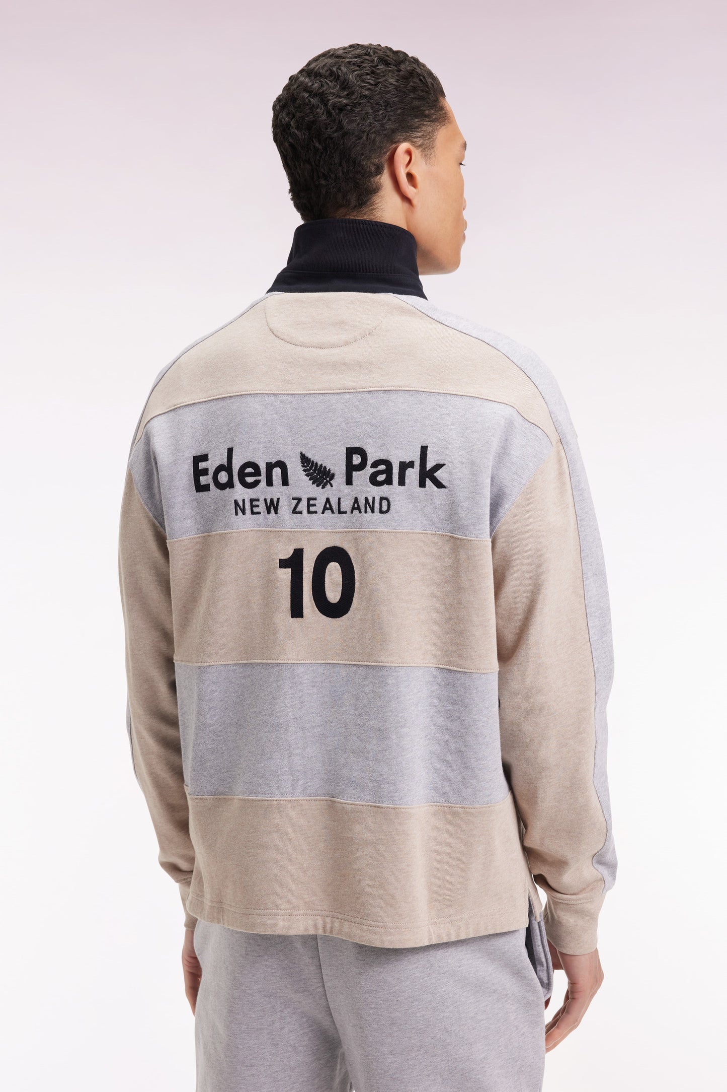 Long-sleeved striped New Zealand jersey in thick beige cotton jersey