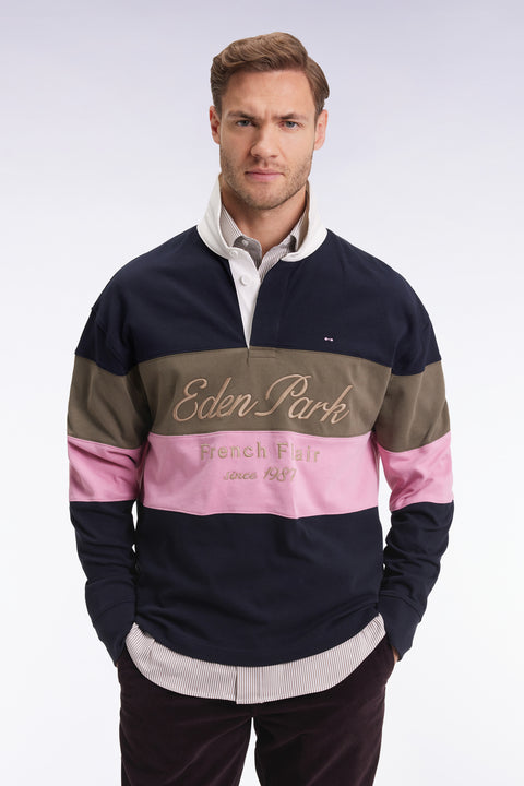 Long-sleeved jersey in thick navy and pink with vintage embroidery - Image 1