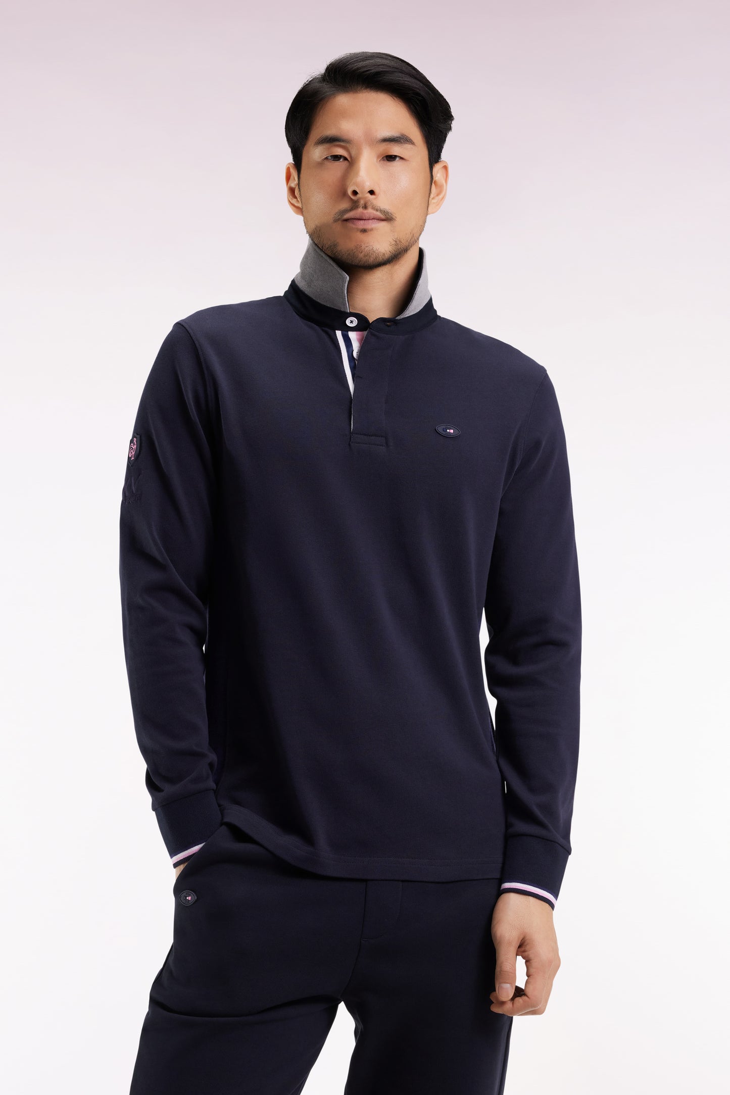 XV de France navy long-sleeved jersey with rooster embroidery, straight cut