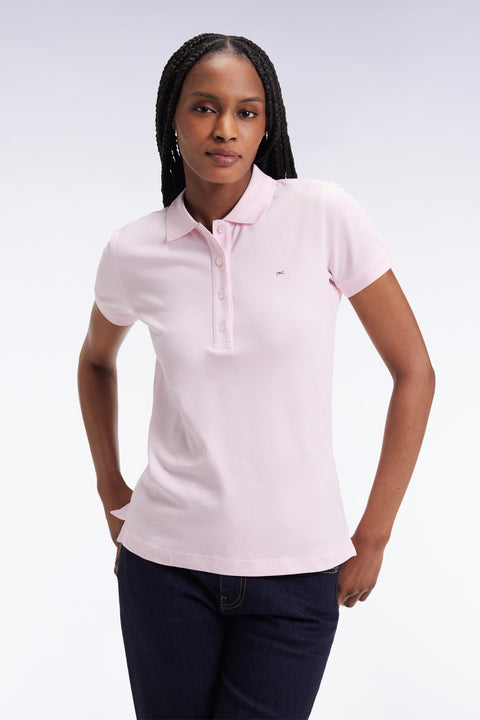 Short-sleeved polo shirt in pink stretch cotton, slim fit - Image 1