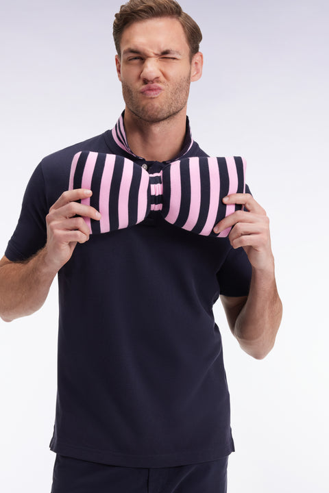 Short-sleeved polo shirt in navy Pima cotton with striped undercollar, straight cut - Image 1