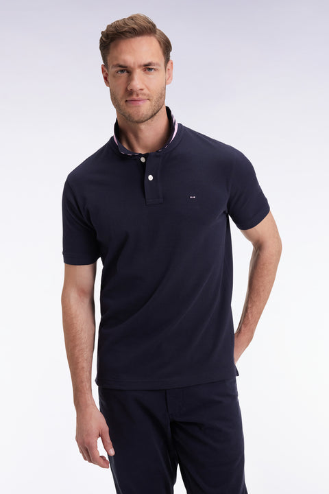 Short-sleeved polo shirt in navy Pima cotton with striped undercollar, straight cut - Image 3