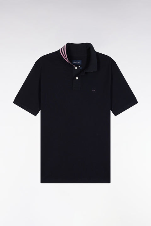 Short-sleeved polo shirt in navy Pima cotton with striped undercollar, straight cut - Image 2