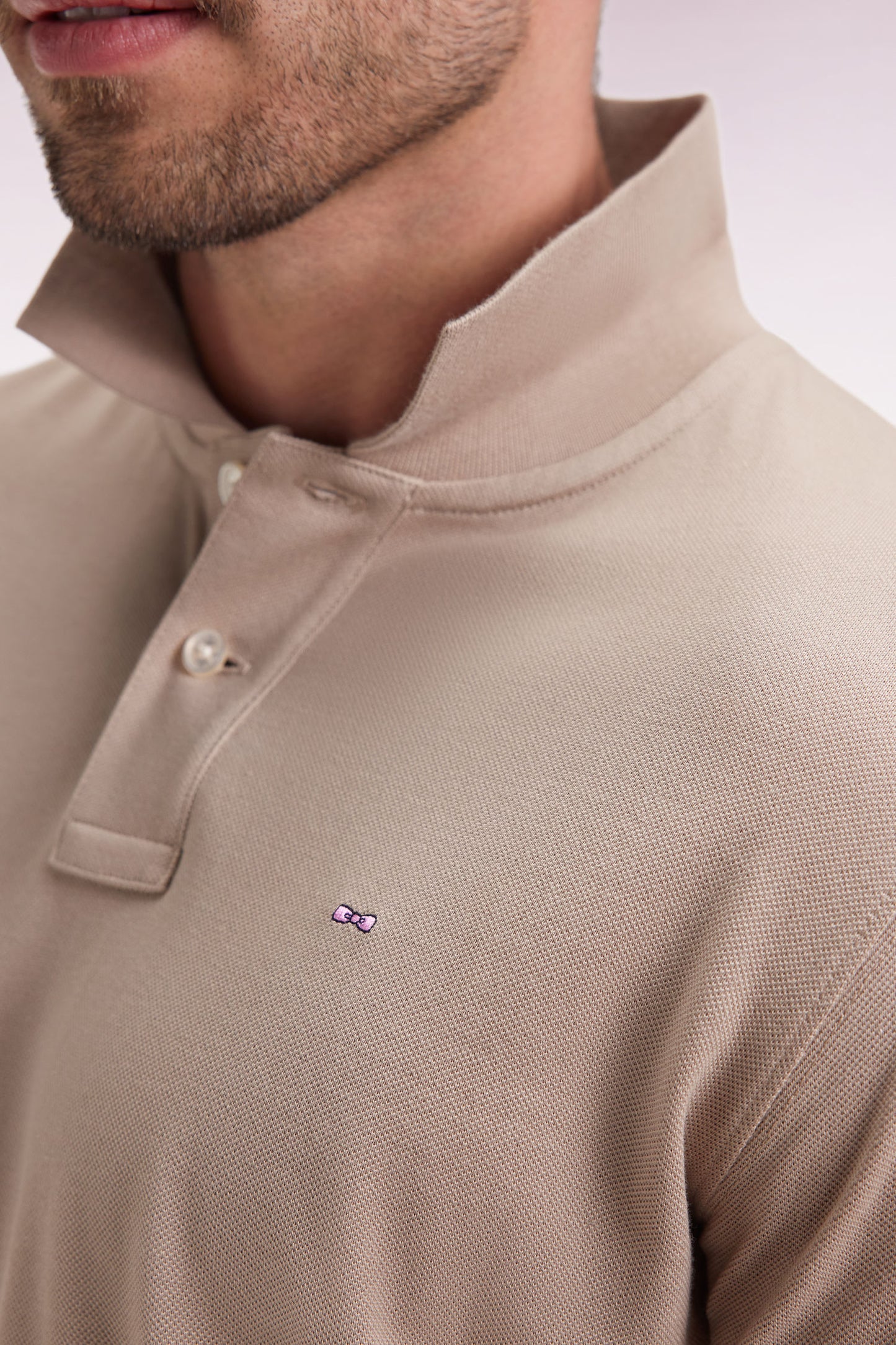 Short-sleeved polo shirt in beige Pima cotton, straight cut