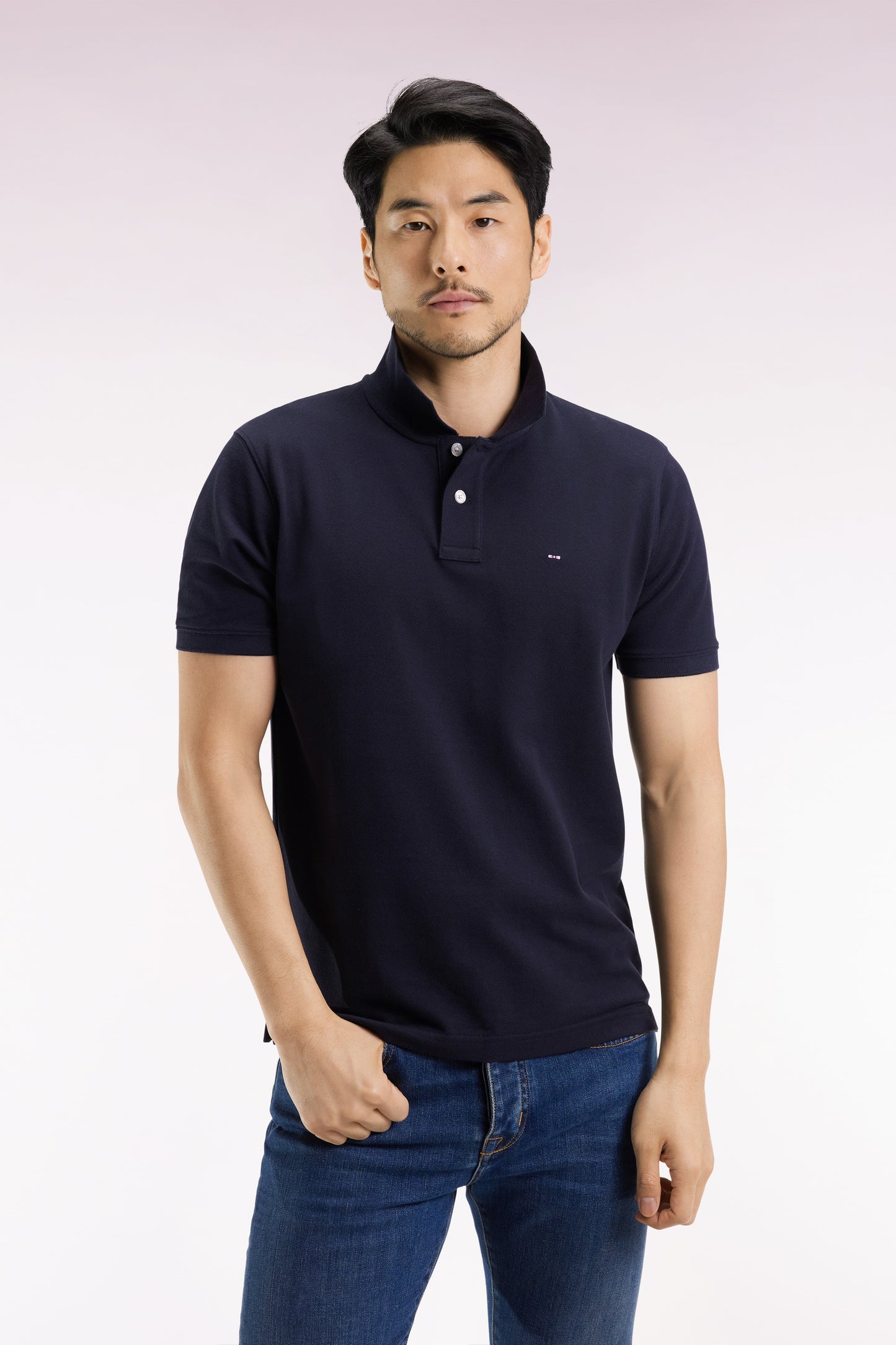 Short-sleeved polo shirt in navy Pima cotton, straight cut