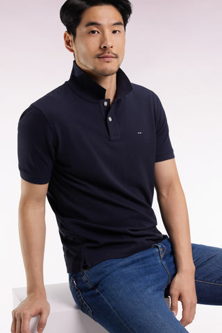 Short-sleeved polo shirt in navy Pima cotton, straight cut