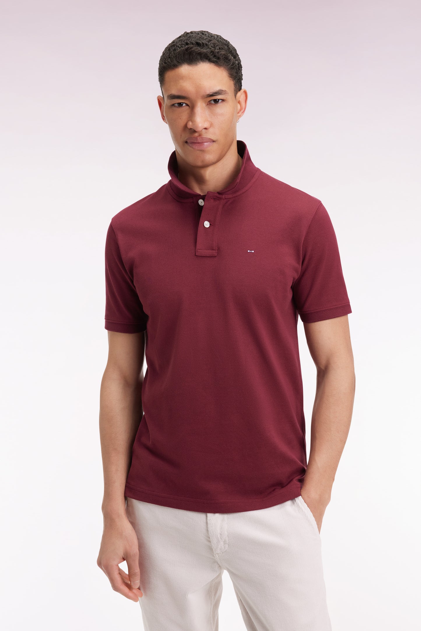 Short-sleeved polo shirt in burgundy Pima cotton, straight cut