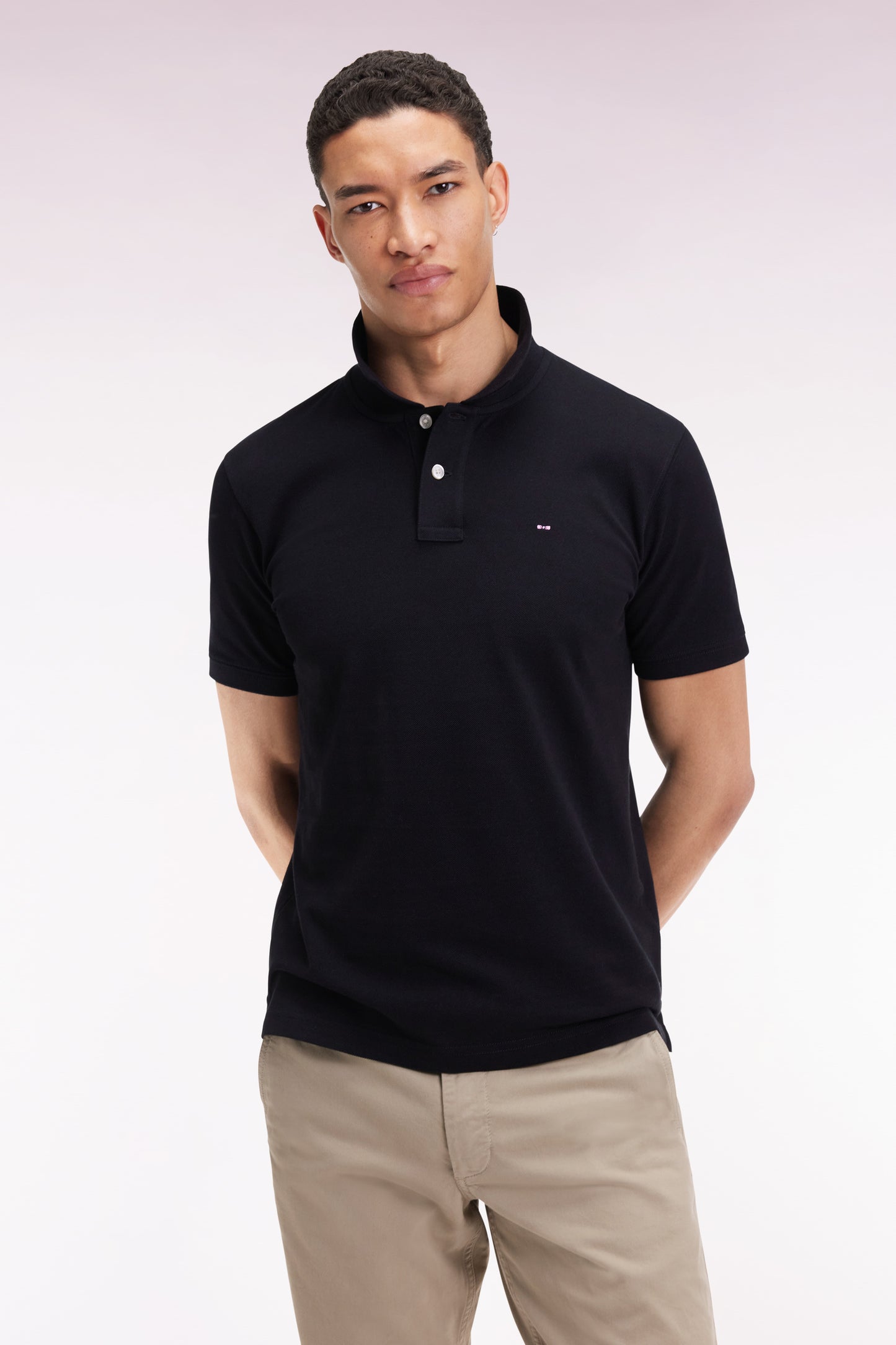 Short-sleeved polo shirt in black Pima cotton, straight cut
