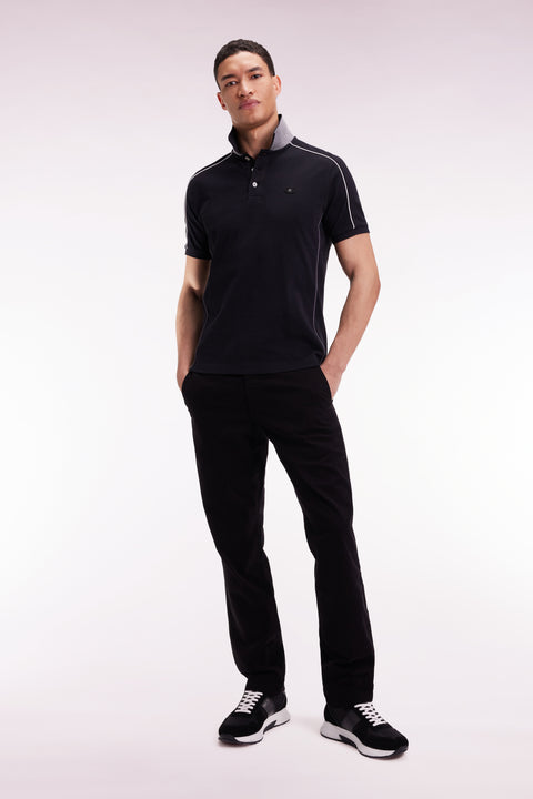 Short-sleeved polo shirt in black cotton piqué with colored piping - Image 1
