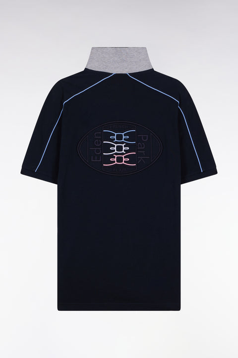 Short-sleeved polo shirt in navy cotton piqué with colored piping - Image 2