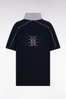 Short-sleeved polo shirt in navy cotton piqué with colored piping