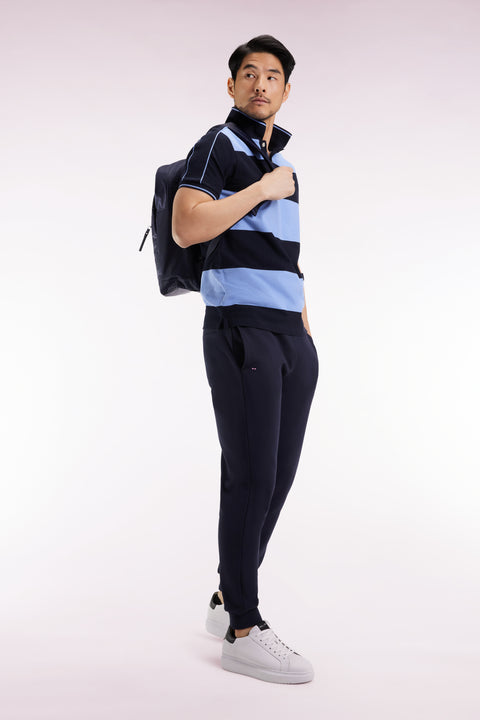 Blue cotton short-sleeved polo shirt with cotton piqué ring - Image 1