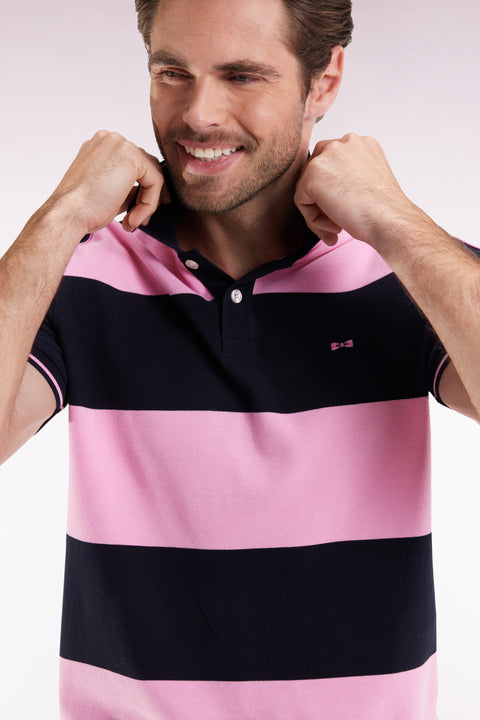 Short-sleeved navy cotton polo shirt with cotton piqué band - Image 1