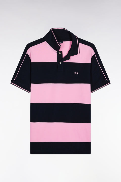 Short-sleeved navy cotton polo shirt with cotton piqué band - Image 2