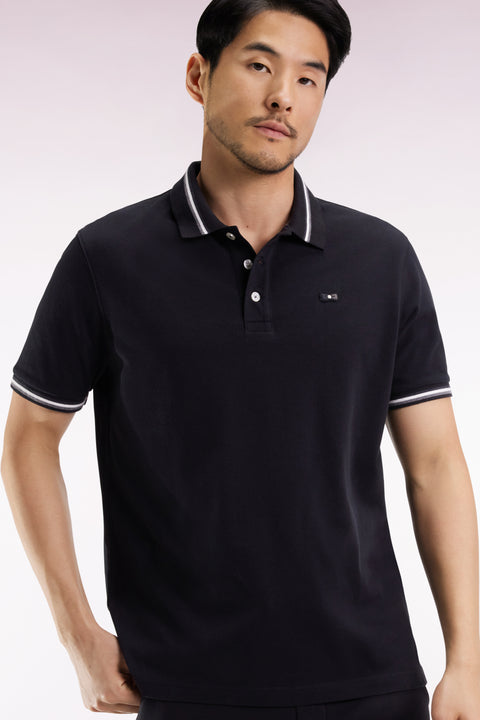 Short-sleeved polo shirt in black cotton with striped details, loose fit - Image 1