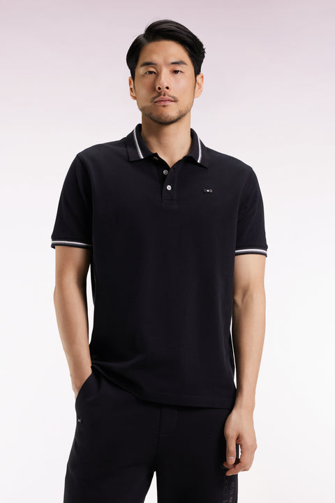 Short-sleeved polo shirt in black cotton with striped details, loose fit - Image 3