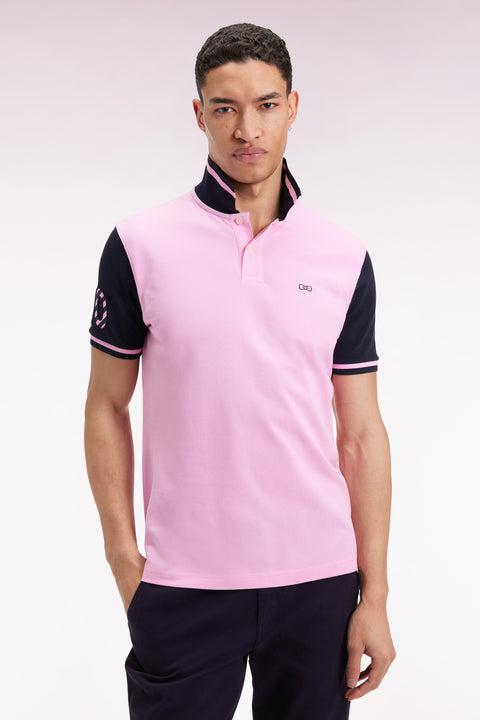 Two-tone short-sleeved polo shirt in pink cotton with 10" embroidery - Image 3