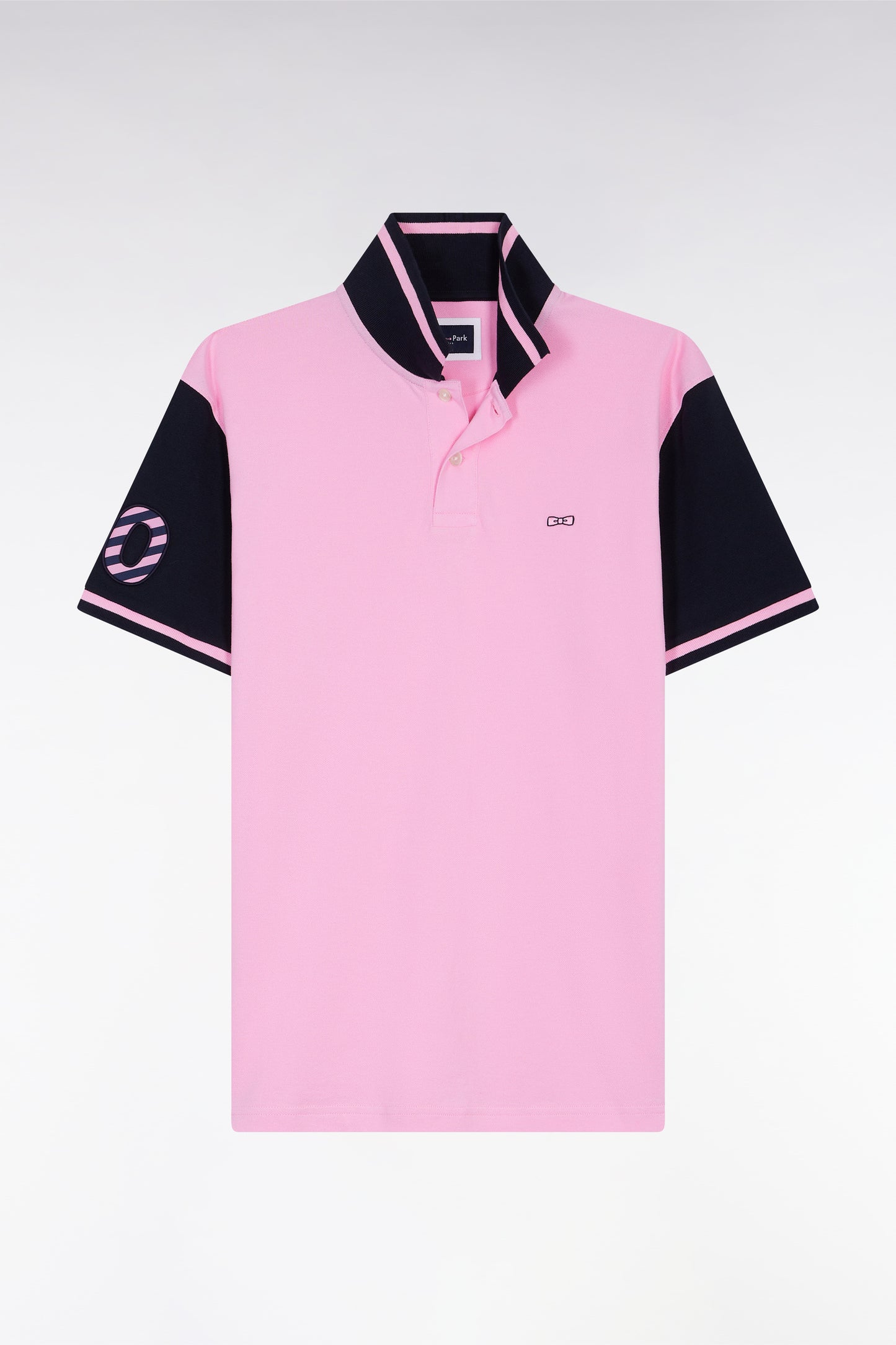Two-tone short-sleeved polo shirt in pink cotton with 10" embroidery