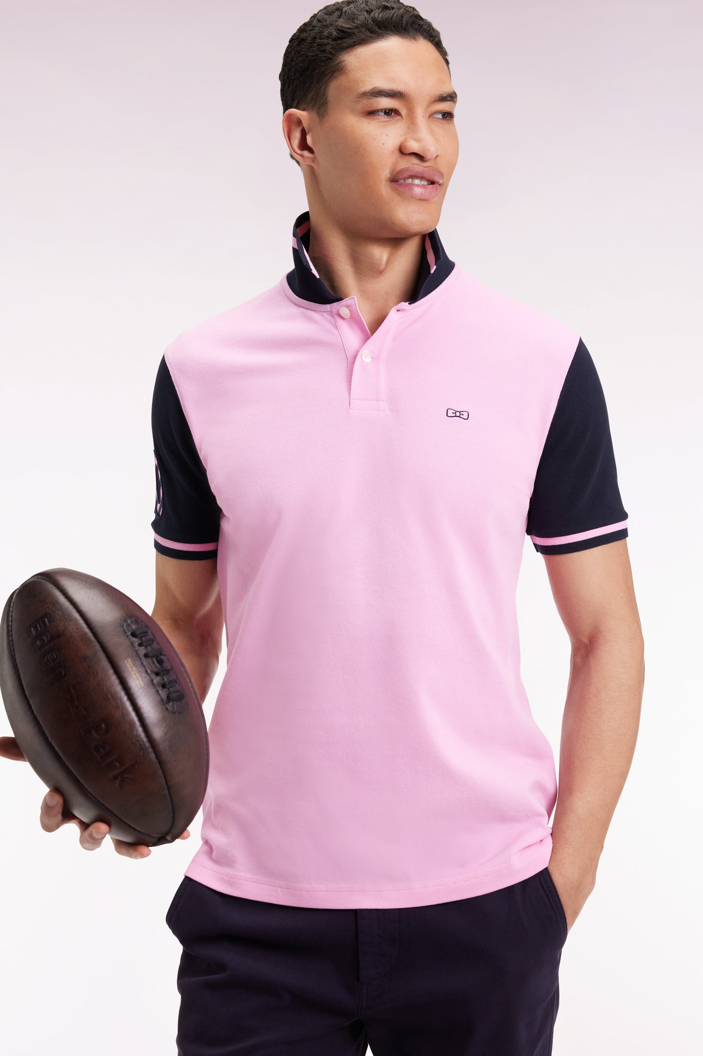 Two-tone short-sleeved polo shirt in pink cotton with 10" embroidery