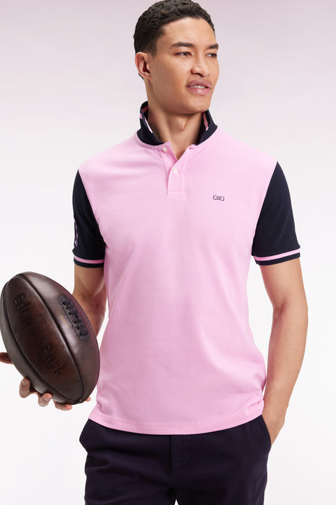 Two-tone short-sleeved polo shirt in pink cotton with 10" embroidery - Image 1